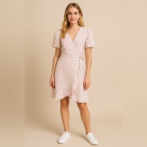 Draper James RSVP Puff Sleeve Wrap Dress Pink Green Stripe Women’s Size M NWT